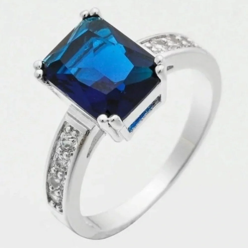 New Natural 3.58CT London Blue Topaz 8 Diamond 14K White Gold Hallmarked Ring